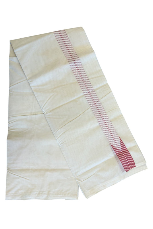 13% DISCOUNT ! KaithariKada 100% Cotton OFF WHITE - (Unbleached) Double Dhoti/Mundu- 12 Line Puliyilakkara Chutty Brick Red.