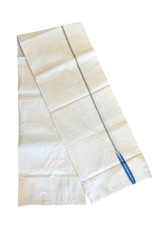 22% DISCOUNT ! KaithariKada Balaramapuram 100%  COTTON SINGLE OFF WHITE - (Unbleached) Mundu/Dhoti - 100X100 - 0.5 Inch Kasavu & Blue Chutty  (2 meter / 4 muzham)- 4KK411ASH