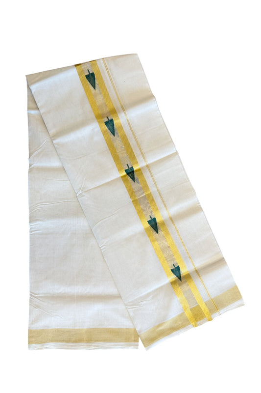 30% Discount!!! KaithariKada HANDLOOM UNAKKUPAAV Balaramapuram - 100% PURE Cotton off white (Unbleached) Double Mundu/Dhoti -100x 100 - 2.75 inch Kasavu with Centre Tissue & Green Leaf design kara - 14KK5096YAR