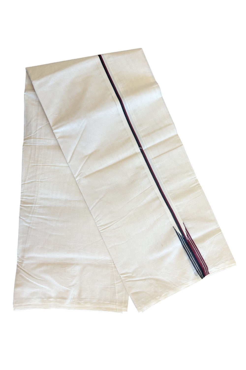 DMK VESHTI SHORT DHOTHI - DMK Veshti - 19% DISCOUNT! KaithariKada Balaramapuram 100% Cotton Double Off white - (Unbleached) Mundu/Dhoti-100x100 - 1.25 inch &  46 inches Height Puliyilakkara MAROON & BLACK Striped Chutty Kara- 15KK5101ASH