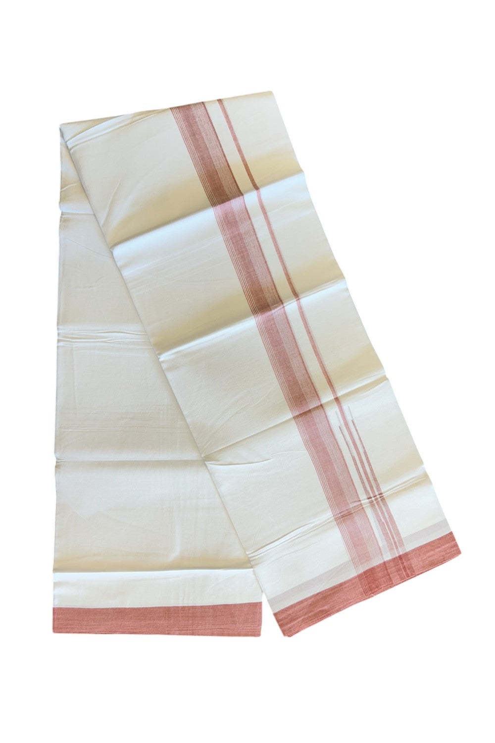 25% DISCOUNT!!! KaithariKada Balaramapuram 100% Cotton Double PURE white Mundu/Dhoti - 80X80 - 1.25 Inch Dark Peach & White shades Chutty kara - 15KK5108GAN