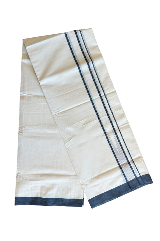 19% DISCOUNT! KaithariKada Balaramapuram 100% Cotton  Off white (Unbleached) Double Mundu/Dhoti-100x100 1.75inch Black Design Chutty kara - 15KK5110THI