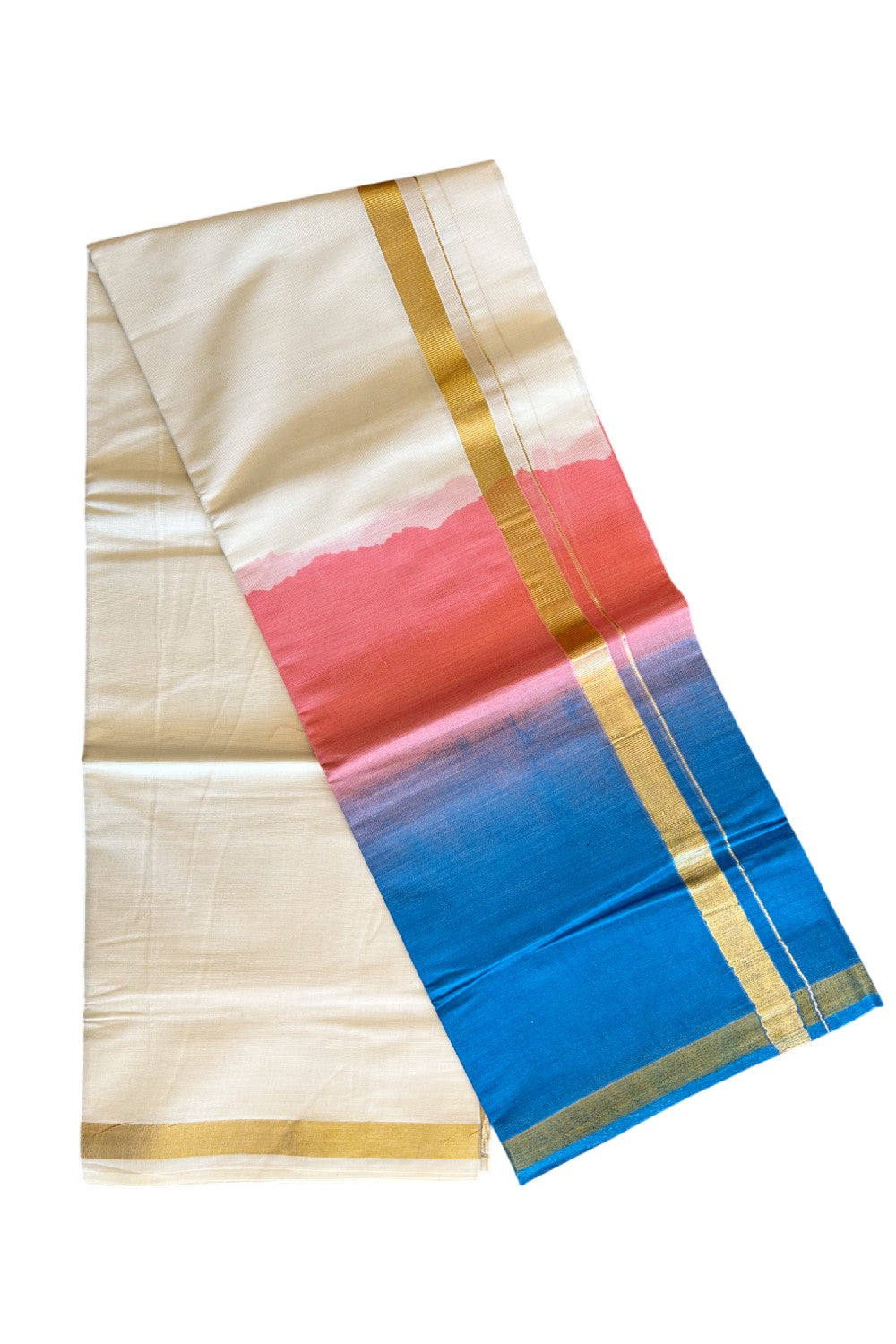 20% Discount !! KaithariKada Balaramapuram Mixed Cotton OFF White (Unbleached) Double Mundu/Dhoti -80x80 Thread Mixed Cotton - 1.75 inch Reddish Peach & Sapphire Blue Dyed Kasav Kara- 15KK5113PMC