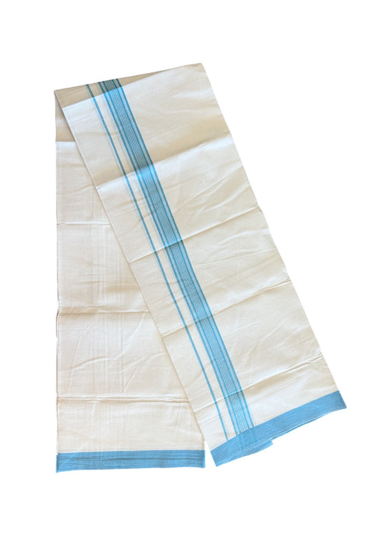 8% Discount ! Kaitharikada Balaramapuram 100% Cotton OFF WHITE SINGLE Mundu/Dothi (40s) - 2 inch Turquoise blue & White shaded Stripes Kara (2 meter / 4 muzham) - 15KK5114THI