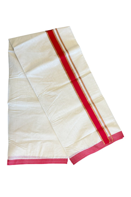 19% Discount !! KaithariKada - 100% PURE Cotton OFF White Double - (Unbleached) Mundu/Dothi -100x100 - 2 inch Red & Kasavu Striped Kara 4.50 Meters - 15KK5133ASH