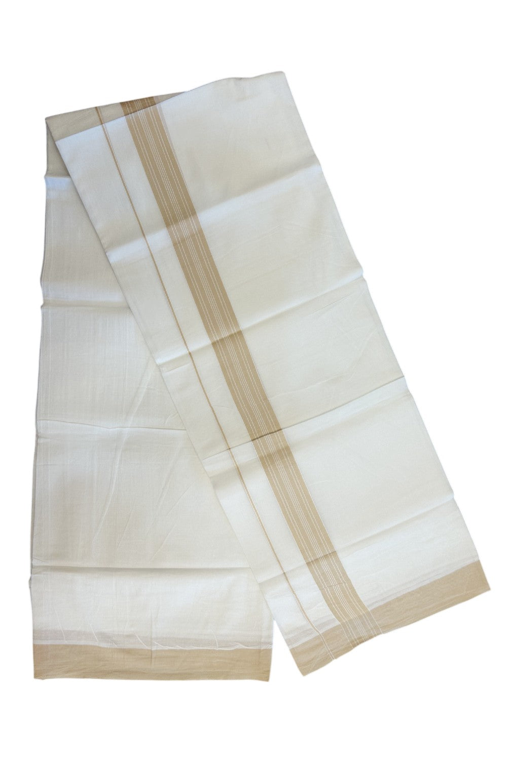 20% DISCOUNT! KaithariKada Balaramapuram 100% Cotton Double PURE white Mundu/Dhoti - 100x80 - 1.25 Inch Sand Brown Center Striped Kara - 15KK5135GAN