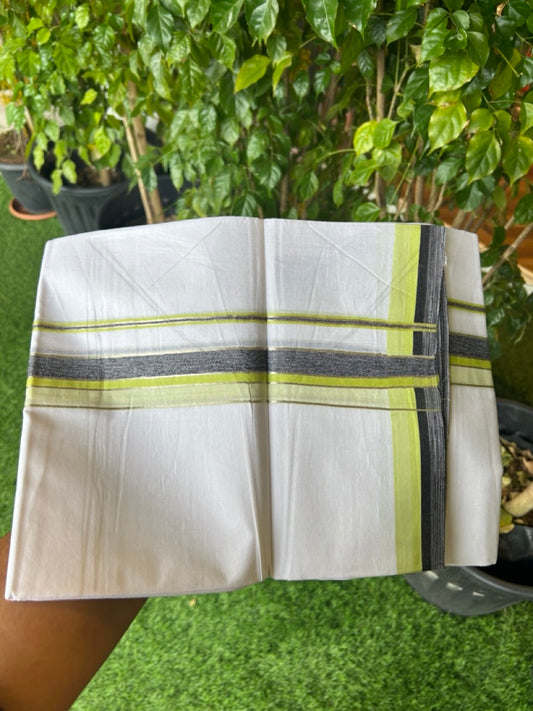 19% Discount !! KaithariKada Balaramapuram Double PURE WHITE Mundu/Dhoti- 100x80 - 1.5 inch Fluorescent Green Black Kara Silver Striped kara - 15KK5143PMC