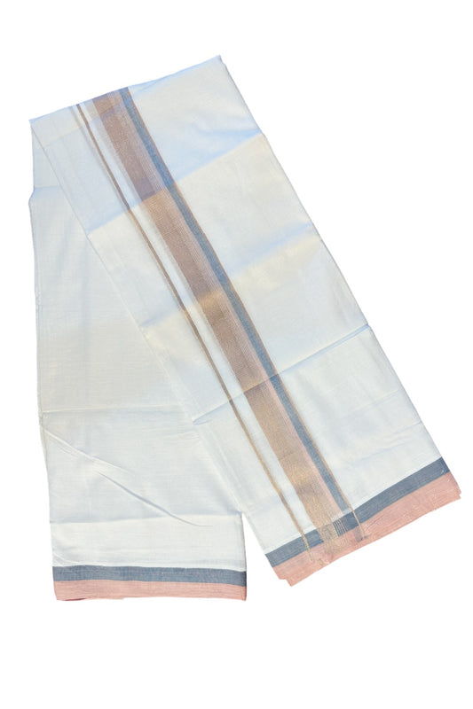 21% DISCOUNT!! Kaitharikada Balaramapuram 100% Cotton Ultra WHITE Double Mundu/Dothi-100x80   2.25 Inch PEACH & BLUE SILVER striped Cotton Kara -15KK63VAS