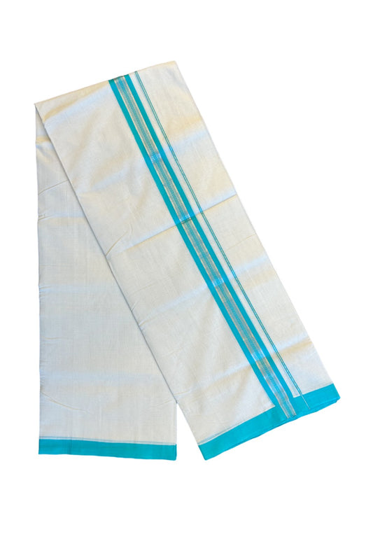 21% DISCOUNT! KaithariKada BALARAMAPURAM HANDLOOM UNAKKUPAAV - 100% PURE Cotton Off white (Unbleached) Double Mundu/Dhoti -  Silver stripes Turquoise blue kara - 15KK72RAM