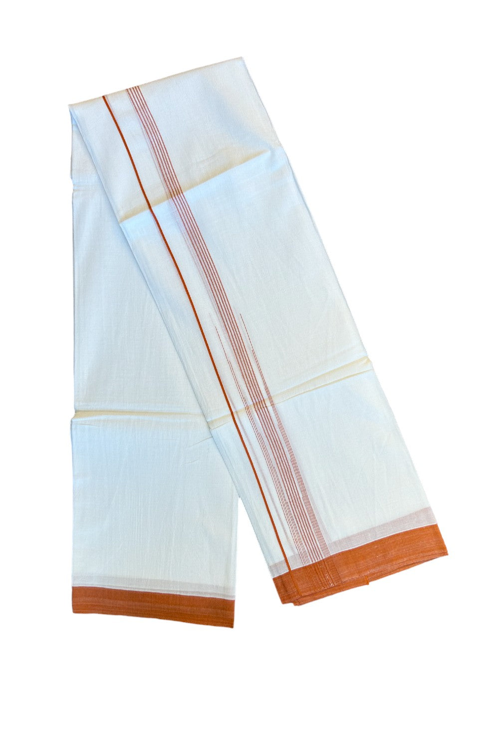 22% DISCOUNT!! Kaitharikada Balaramapuram 100% Cotton Ultra WHITE Double Mundu/Dothi-100x100  2 Inch ORANGE Striped Cotton Kara 3.80m- 15KK74RAM