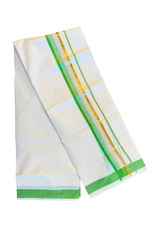 16% DISCOUNT!!! KaithariKada Balaramapuram 100%  Cotton off white - (Unbleached) Double  Mundu/Dhoti - 100X100  parrot green & kasavu  shaded kara - 15KK82VIN