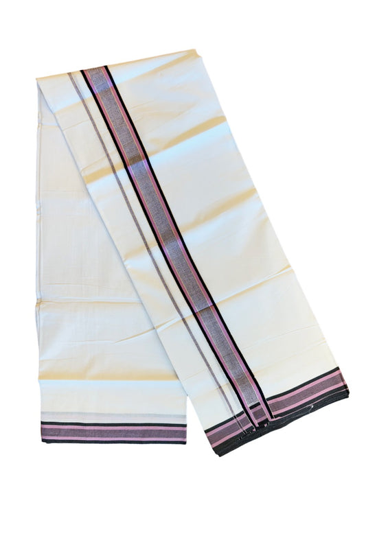 19% DISCOUNT!!! KaithariKada Balaramapuram 100% Cotton Double PURE white Mundu/Dhoti-100x100   2.25 Inch Silver kasavu pink & black shaded  kara  - 15KK83VIN