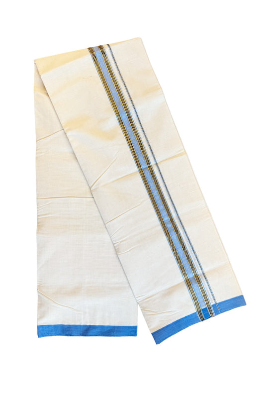 15% DISCOUNT!! KaithariKada HANDLOOM Unakkupaavu Balaramapuram - 100% PURE Cotton OFF White (Unbleached) Double Mundu/Dothi - BLUE + KASAVU  Striped 1 inch Kara-KK46SOM-15.