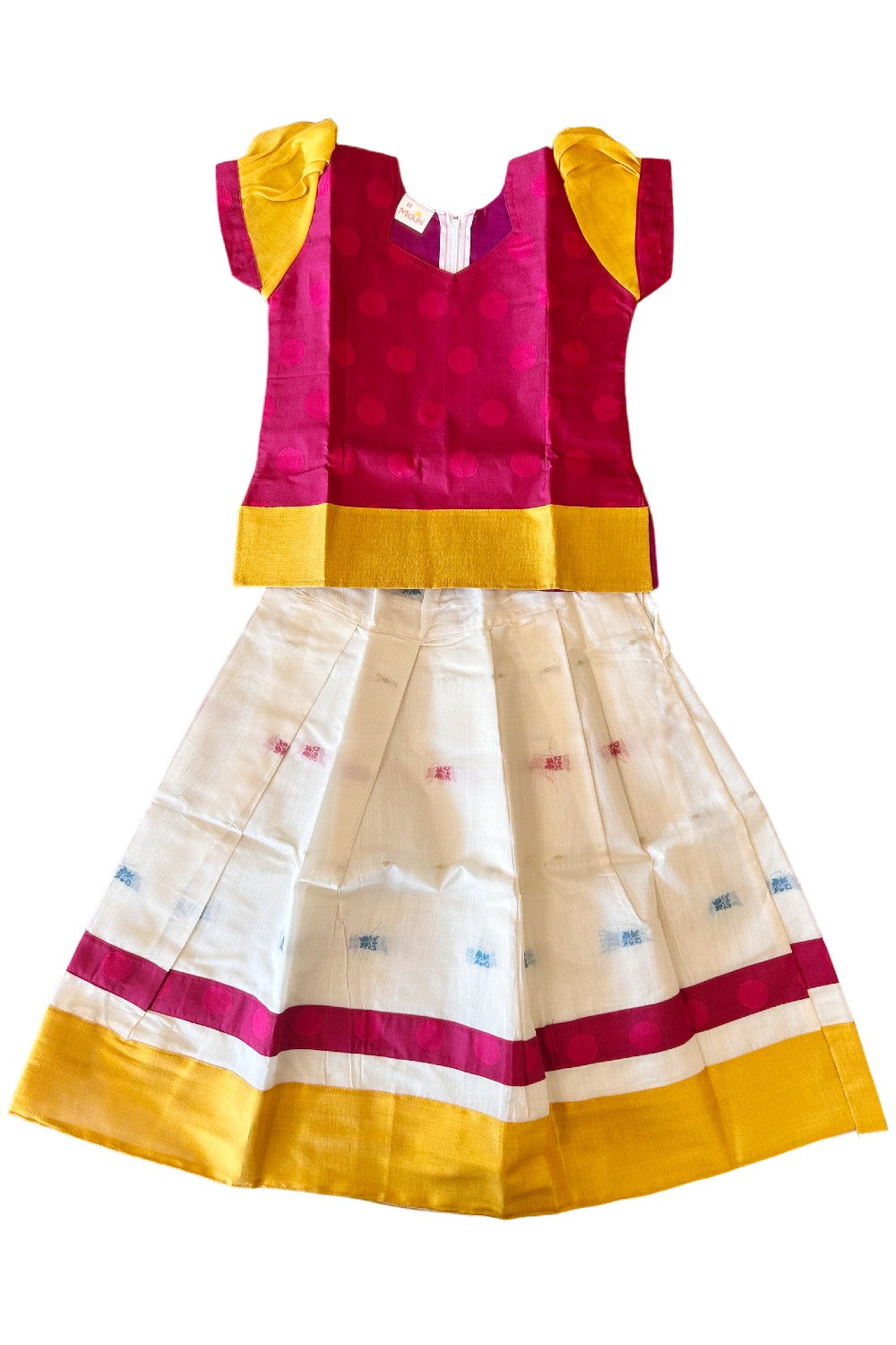 Midukki-Traditional South Indian Kids Pattu Pavada- Dark pink top with emboss work offwhite skirt with kasavu- Age 5 - KK5MID0015