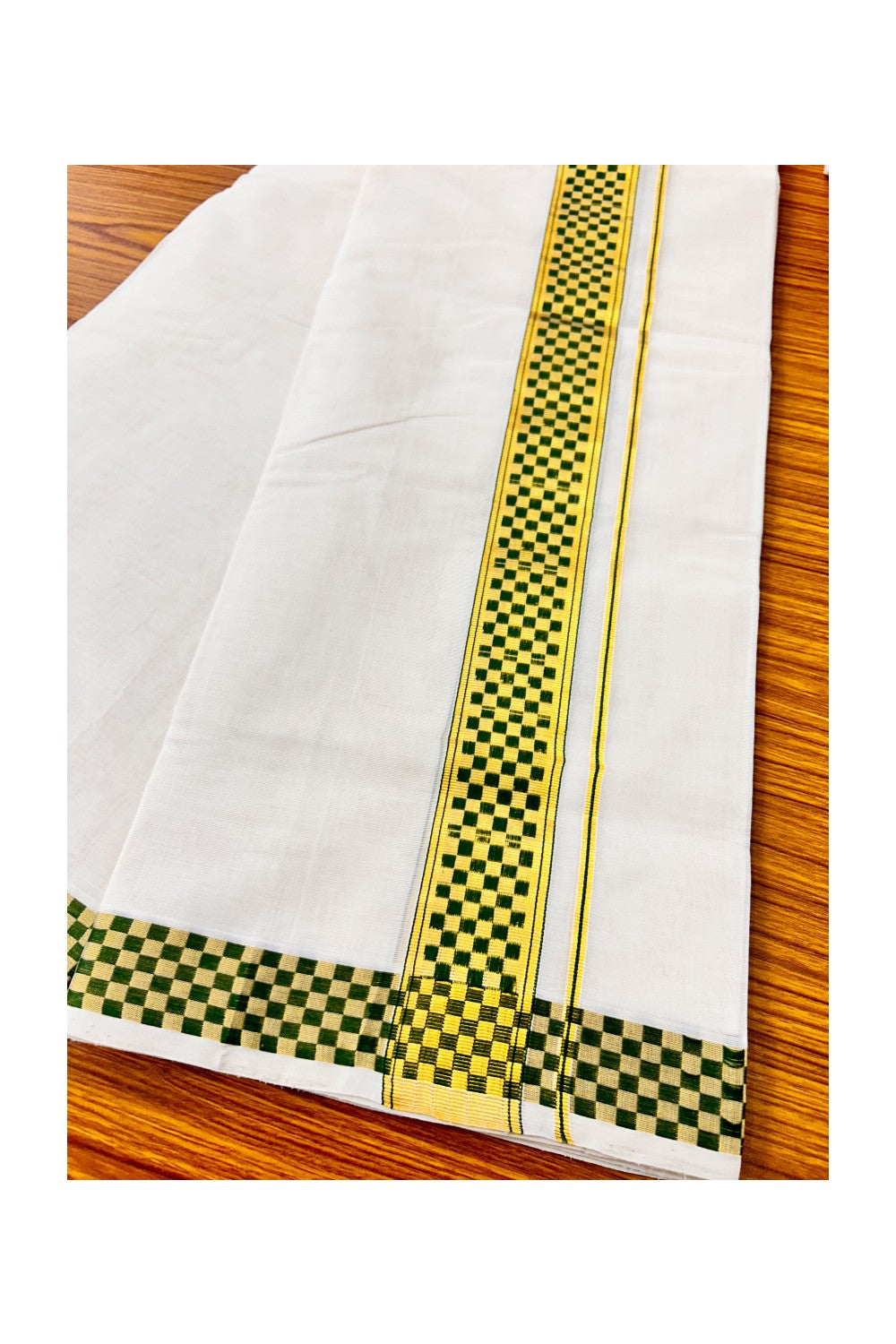 18 % DISCOUNT ! KaithariKada HANDLOOM Unakkupaav Balaramapuram - 100% PURE Cotton 4.58 Meter Off White Double Mundu/Dhoti - Green Check & KASAVU DESIGN 2.5 Inch  KARA- ABH15