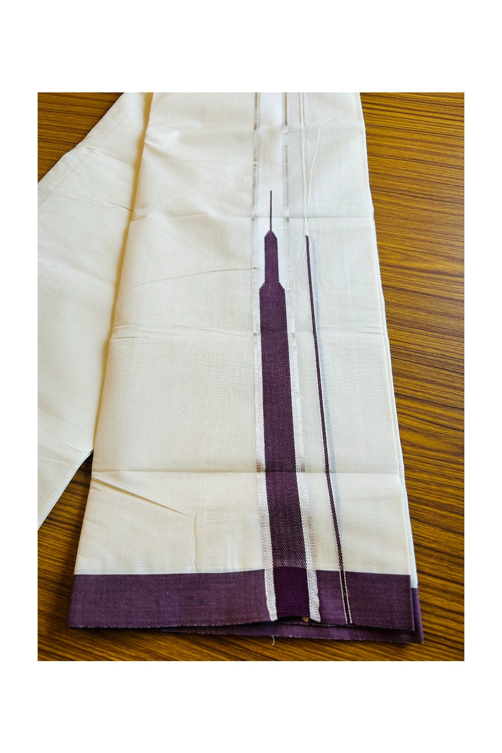 18% Discount !!KaithariKada Balaramapuram 100% Cotton Double - (Unbleached) Mundu/Dhoti - 100x100 1.5 inch Heavy Chutty Silver Kasavu & Dark Purple kara - 15KK401VIN