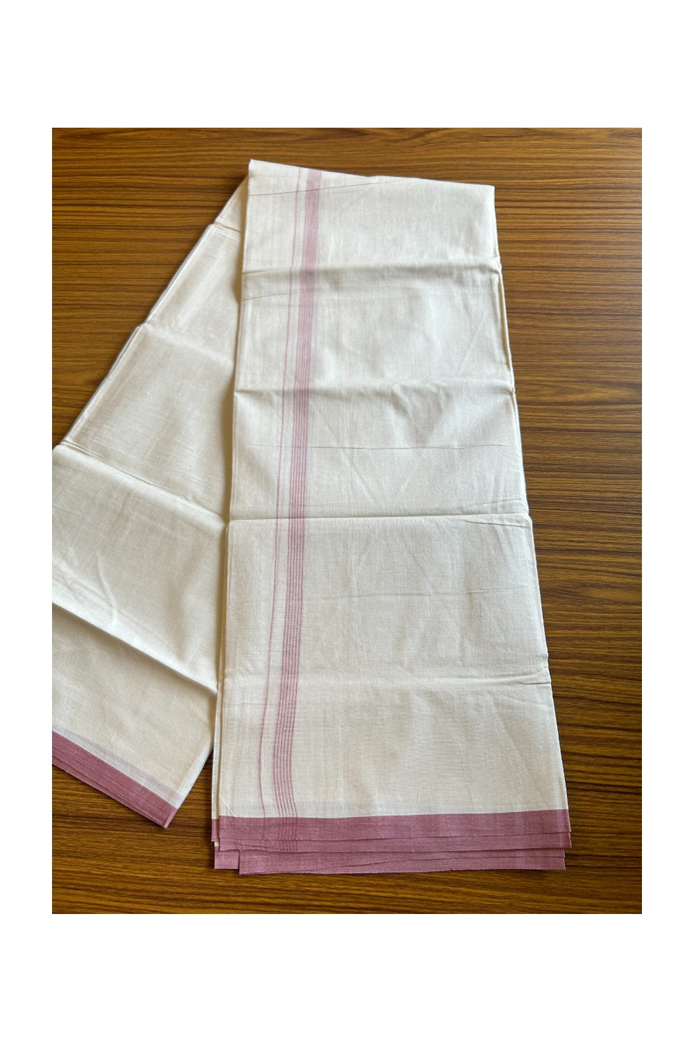 23% DISCOUNT! KaithariKada Balaramapuram 100% Cotton Double Off white Mundu/Dhoti-100x90 1inch Pink Striped kara - 15KK431VAS