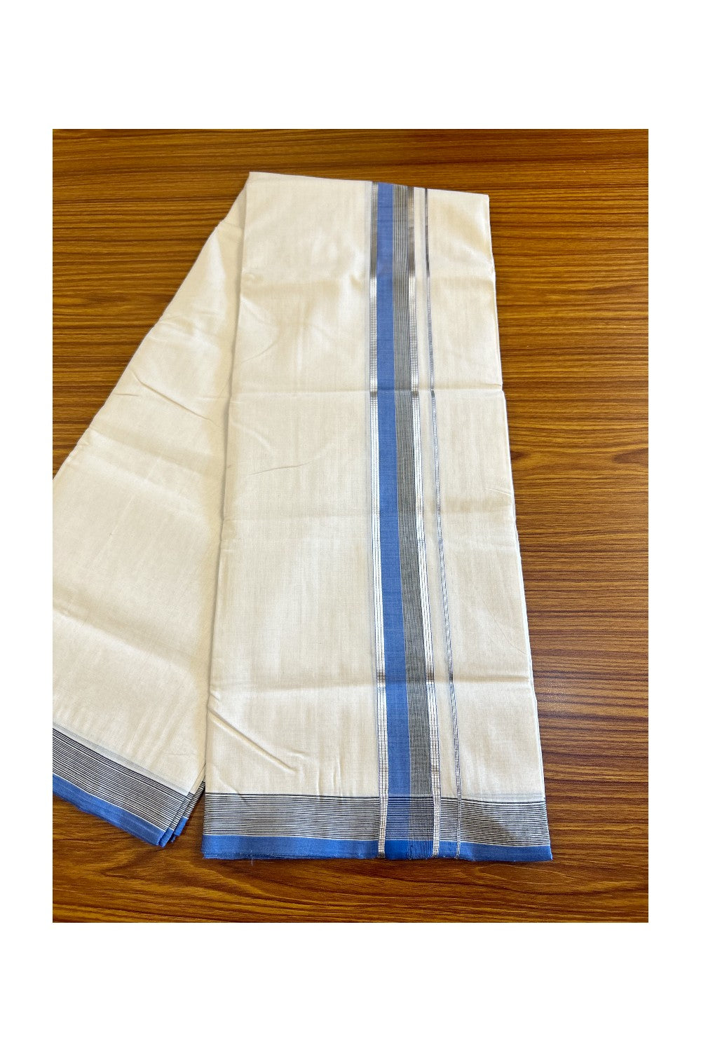 15% Discount!!! KaithariKada HANDLOOM UNAKKUPAAV Balaramapuram - 100% PURE Cotton off white (Unbleached) Double Mundu/Dhoti - 2.25 inch Silver kasavu Blue & Black striped kara - 15KK458SOM