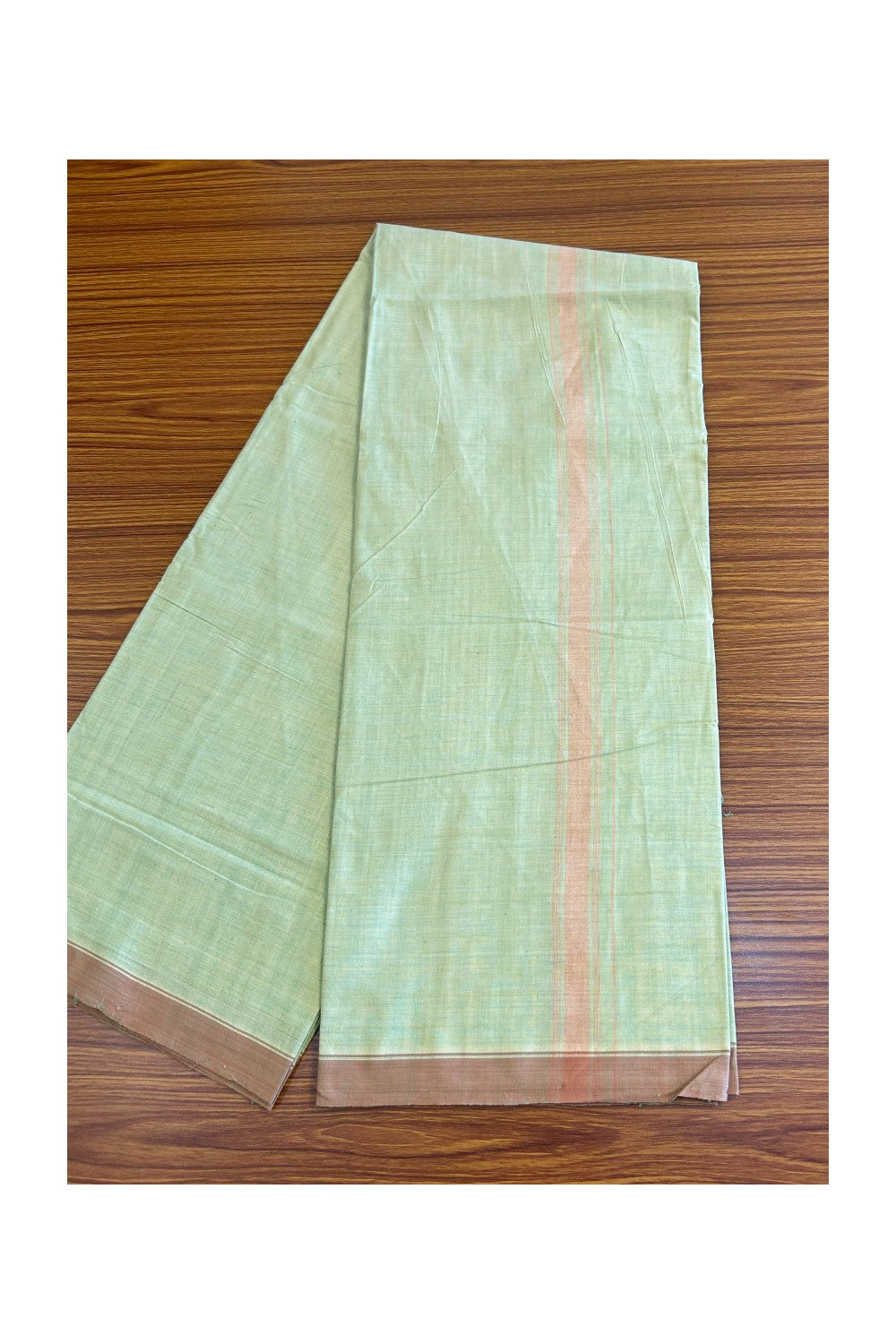 15% DISCOUNT ! KaithariKada Kalamachal 100% Pure Cotton - (80X80) Twisted Thread Handloom Single Mundu/Dhoti - Light Green COLOUR  BODY & Brown stripes 1.5 inch Kara- 15KK479KAL