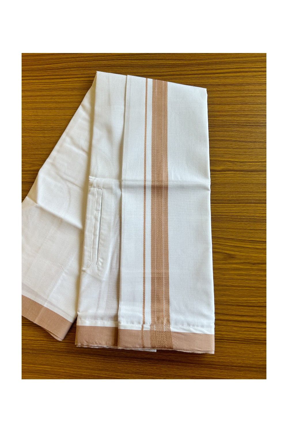 KaithariKada Balaramapuram COTTON SINGLE PURE WHITE VELCRO Mundu/Dhoti - 1.75inch Brown kara - 15KK485SRI