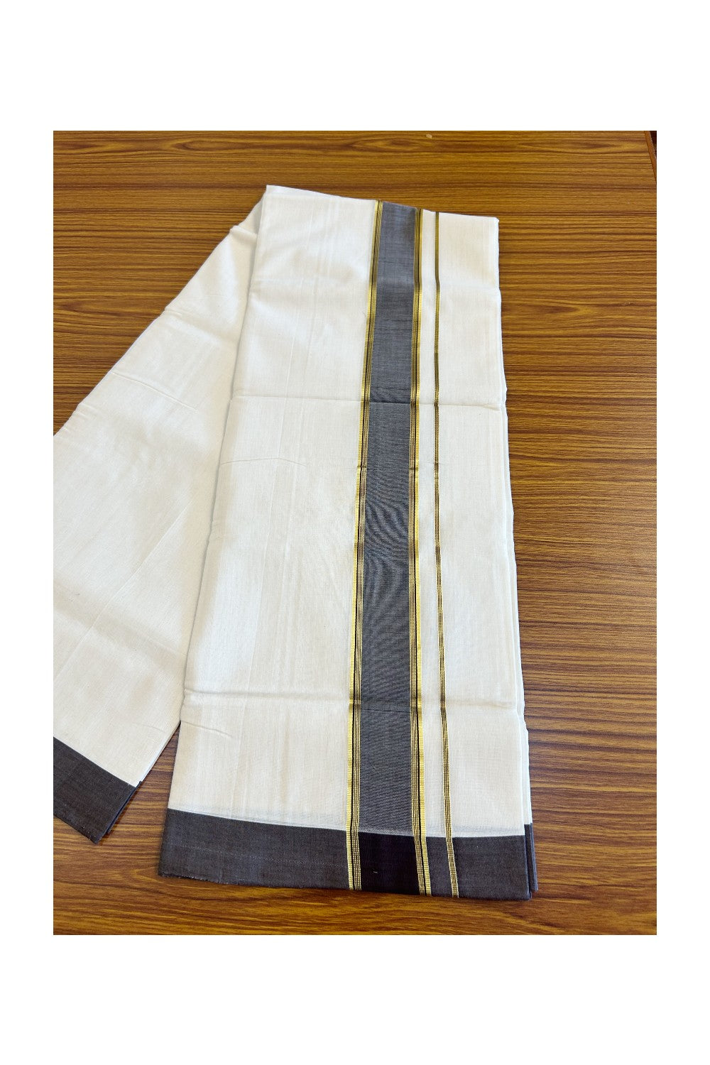 21% Discount KaithariKada HANDLOOM Unakkupaav Balaramapuram - 100% PURE Cotton Off White - (Unbleached) Double Mundu/Dhoti - 2.75 inch  Kasavu & Brown Kara- 15KK498KK