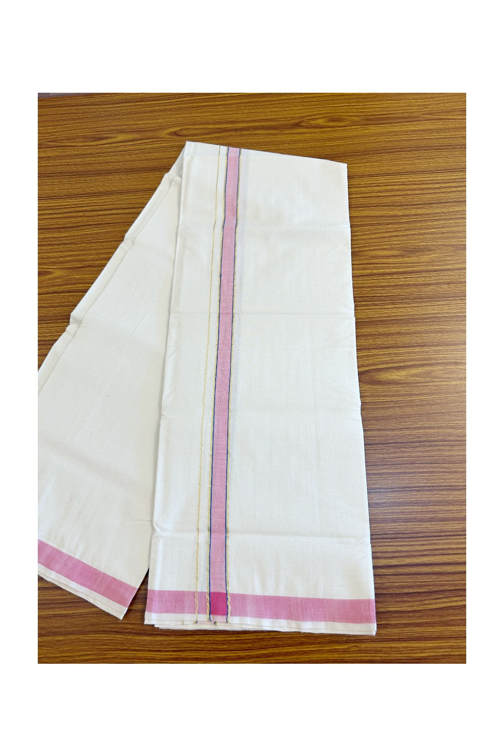 32% Discount KaithariKada 100% Cotton Balaramapuram HANDLOOM Single Mundu/Dhoti - Off White - (Unbleached) 1.25 inch Pink  & Blue Kasavu Kara - 15KK499KK