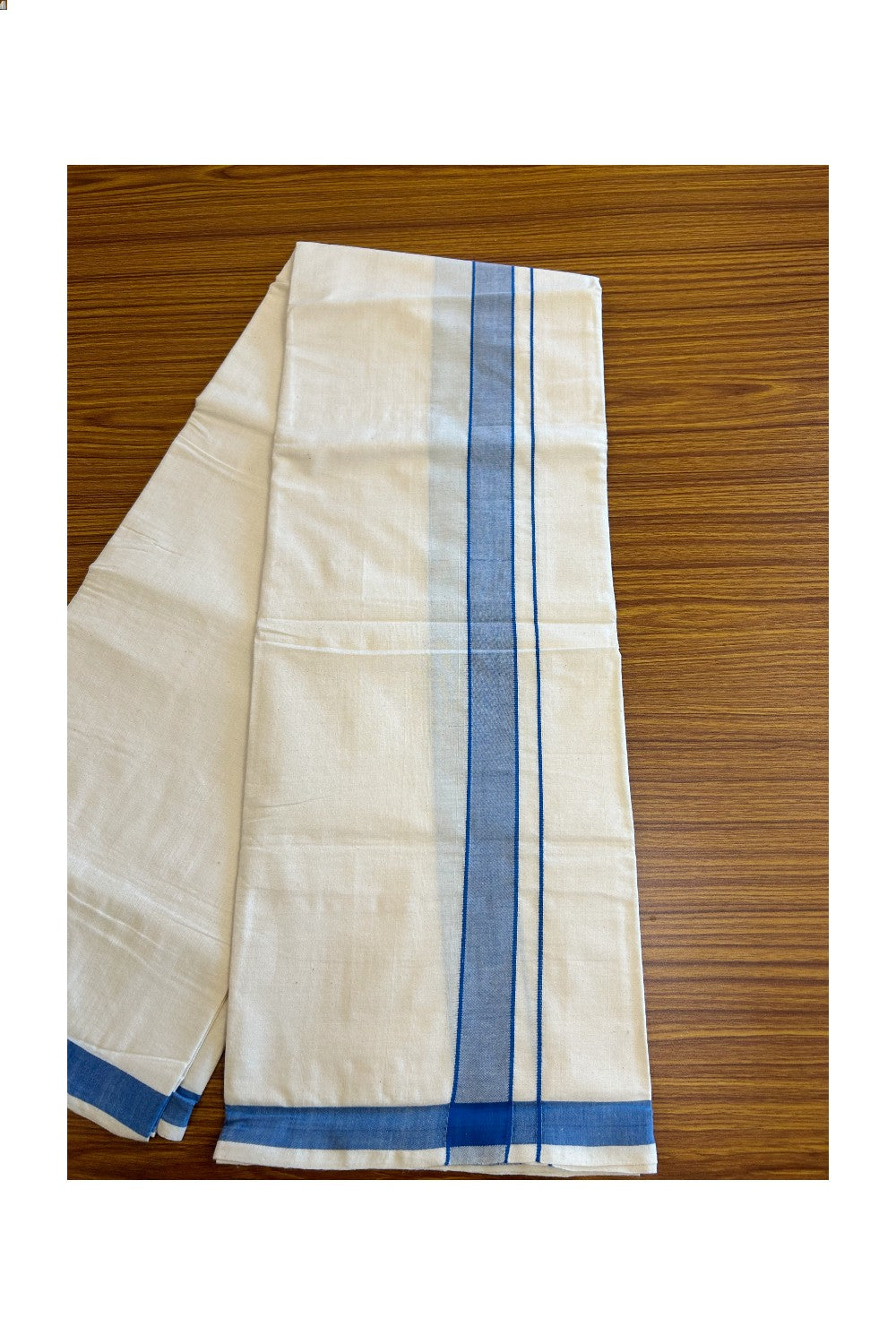 21% Discount!!! KaithariKada 100% Cotton Balaramapuram HANDLOOM off white (Unbleached) Single Mundu/Dhoti - 1.75 inch Kasavu & Blue Kara-5