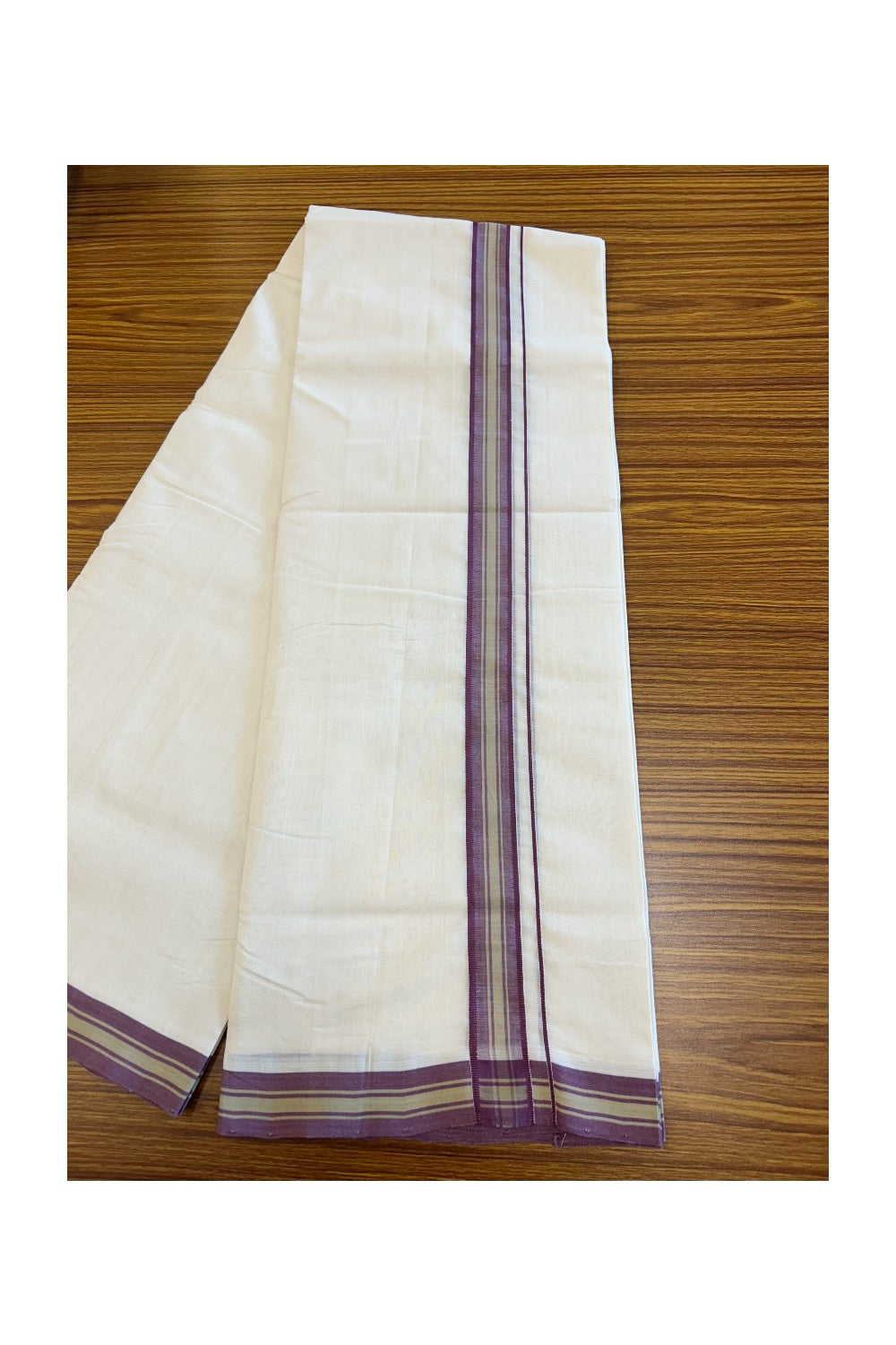 19% DISCOUNT!! KaithariKada HANDLOOM UNAKKUPAAV Balaramapuram - 100% PURE Cotton OFF White Double - (Unbleached) Mundu/Dothi - 1.5 inch Plum Violet & Sage Green Stripes Kara 3.82 meters - 15KK5049REA