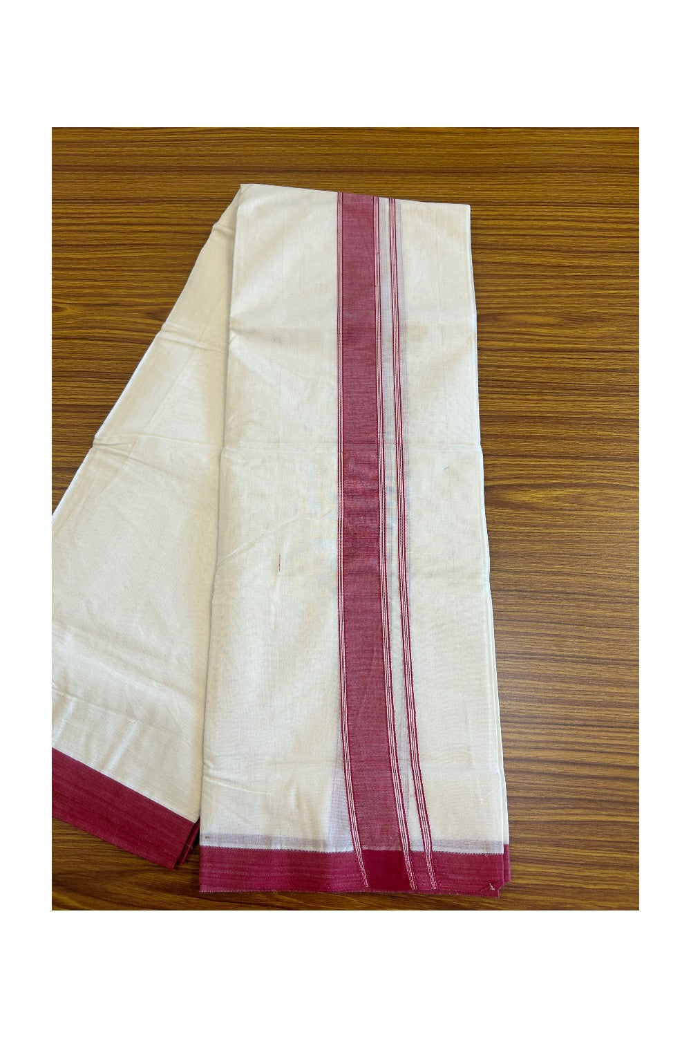 35% Discount KaithariKada Balaramapuram 100% Cotton Double Off white - (Unbleached) - Mundu/Dhoti- 100x80 - 2.25.inch Red Kara 3.75 mtr - 159