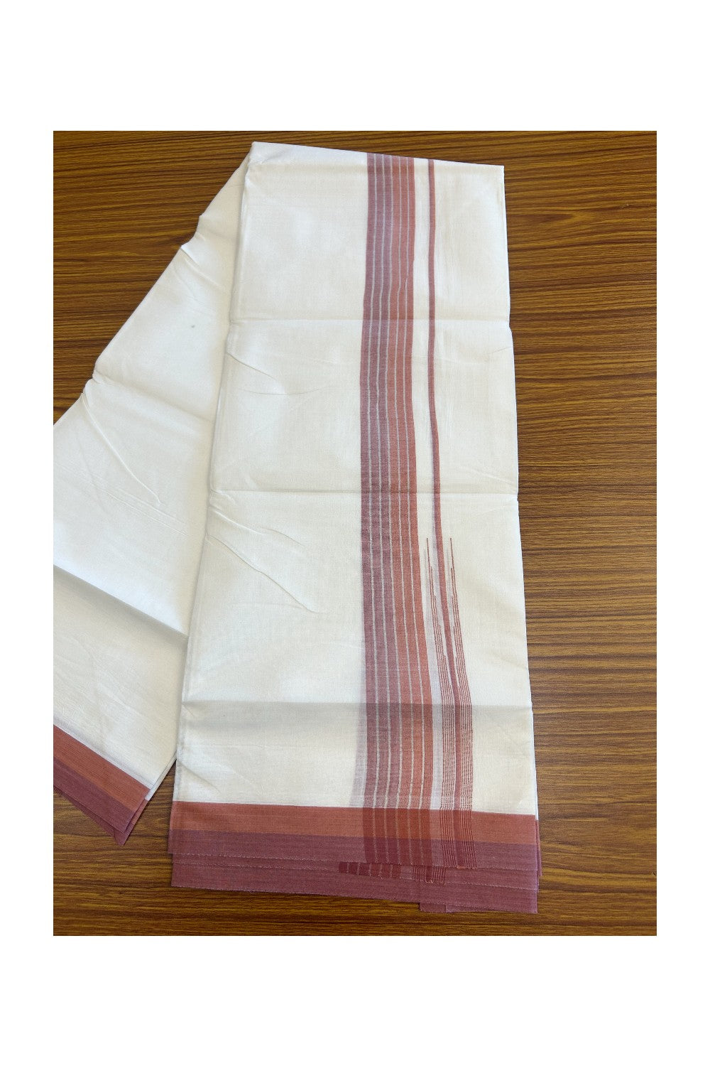 19% Discount!!! KaithariKada Balaramapuram  Double Off white - (Unbleached) Mundu/Dhoti - 80X90 - 2.25 inch Orange &Light Maroon Silver Striped puliyilakkara chutty Striped Kara 3.85 meters -15KK5058GUN