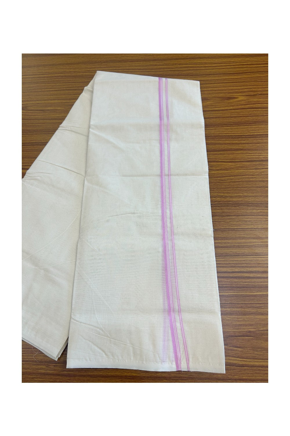 10% DISCOUNT ! KaithariKada Balaramapuram 100% Cotton Double Off white (Unbleached) Mundu/Dhoti-100X100-  LAVENDER PINK   & STRIPES 2.cm Kara. 3.75 mtr & 4 mtr - ASH013