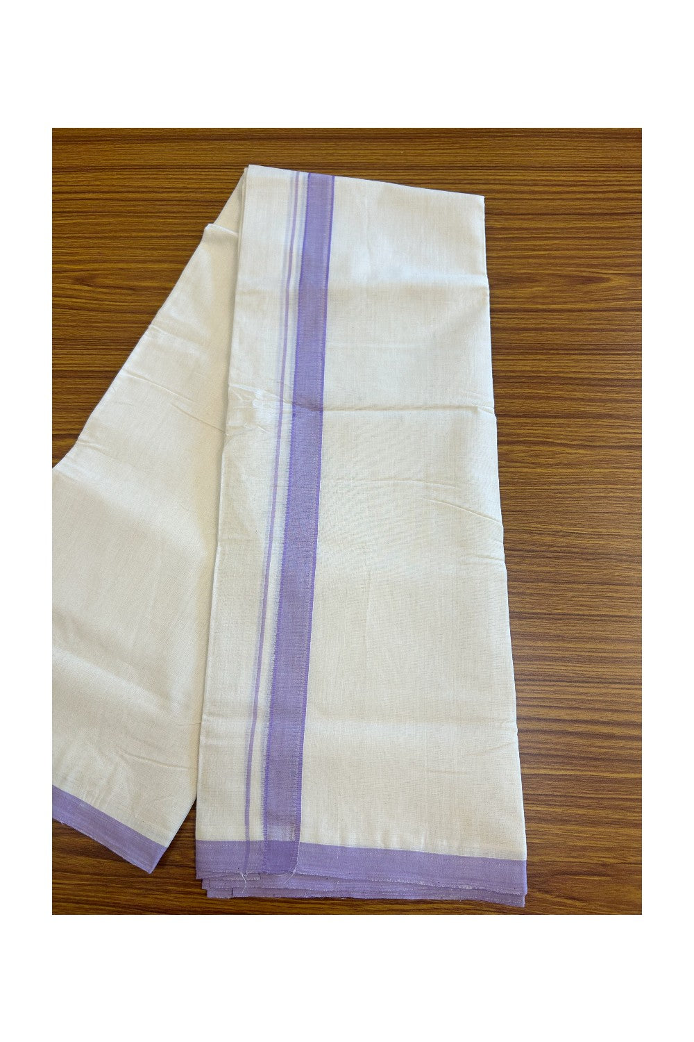 10% DISCOUNT! KaithariKada BALARAMAPURAM HANDLOOM Unakkupaav- 100% PURE Cotton 100x100 Double Mundu/Dhoti OFF WHITE (Unbleached) 3.8 mtr - Violet Kara