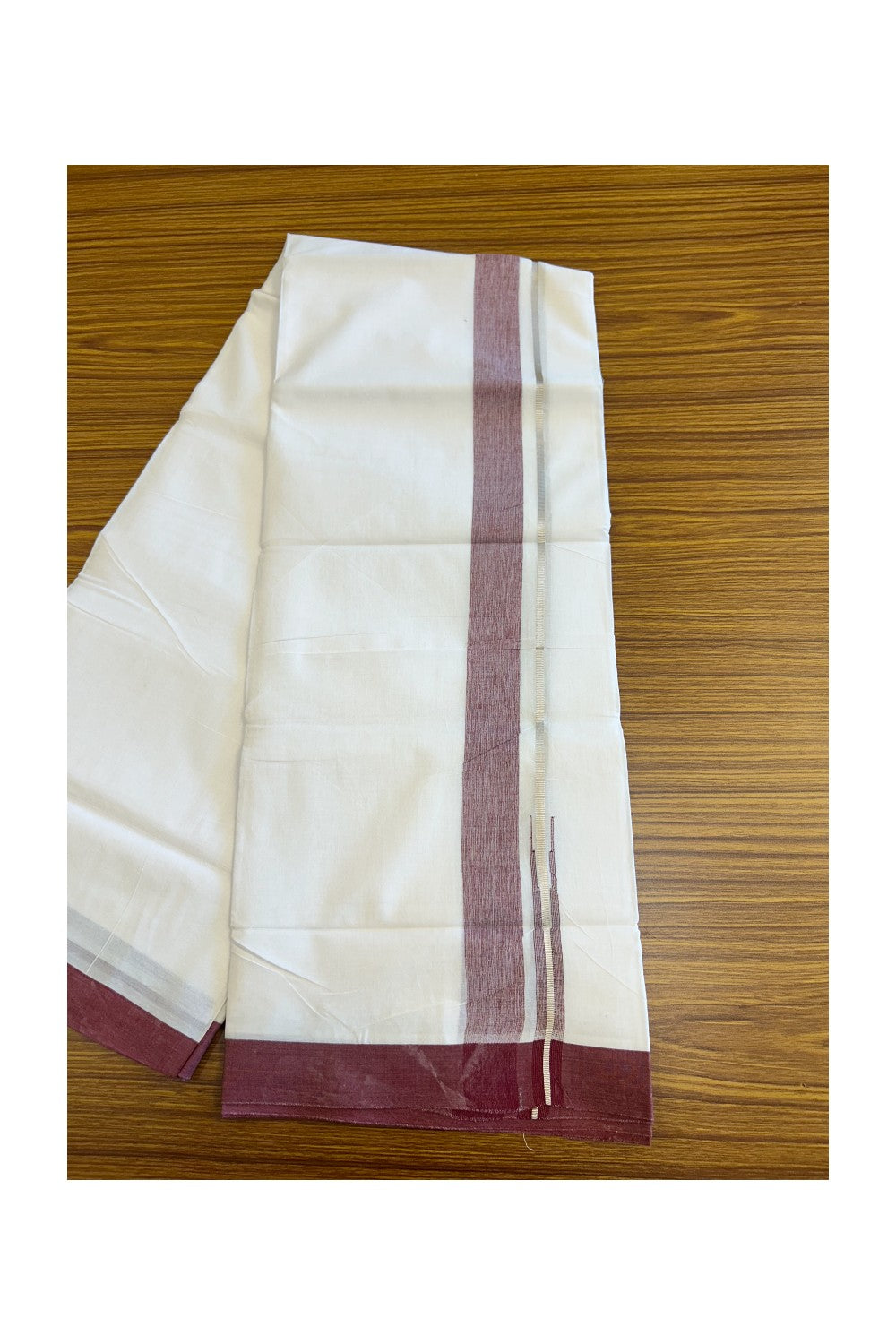 20% DISCOUNT! KaithariKada Balaramapuram 100% Cotton PURE WHITE Double Mundu/Dhoti-100x92 - 1.25 inch Puliyilakkara Silver Kasavu & Maroon Chutty Shaded Kara- 15KK5066KK