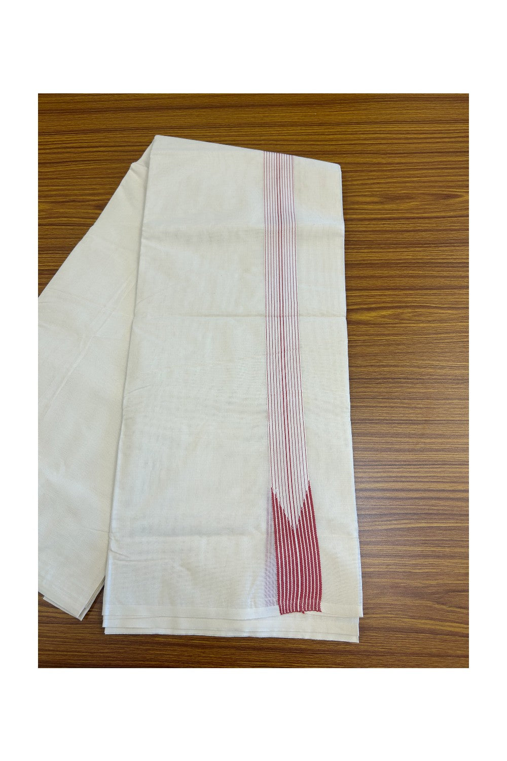 13% DISCOUNT ! KaithariKada 100% Cotton OFF WHITE - (Unbleached) Double Dhoti/Mundu- 12 Line Puliyilakkara Chutty Brick Red.