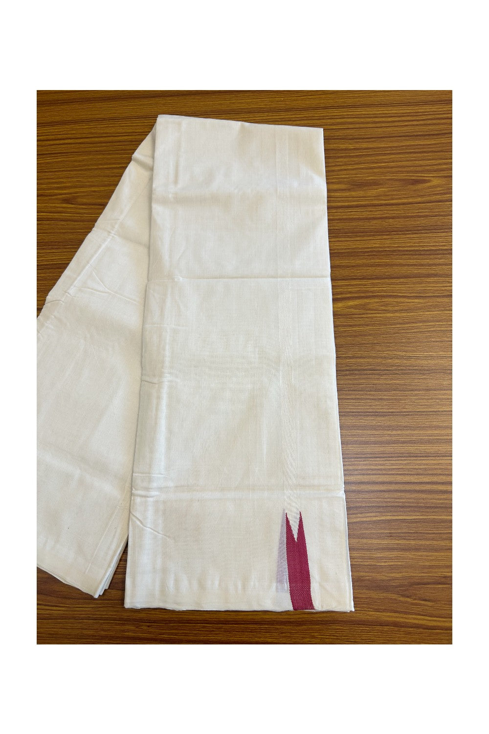 21% DISCOUNT!! KaithariKada HANDLOOM Unakkupaav Balaramapuram - 100% PURE Cotton OFF White (Unbleached) Double Mundu/Dothi - White kara Maroon puliyilakkara Chutty - 13KK114ASH