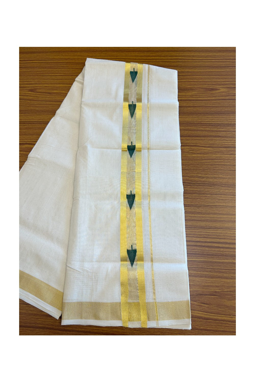 30% Discount!!! KaithariKada HANDLOOM UNAKKUPAAV Balaramapuram - 100% PURE Cotton off white (Unbleached) Double Mundu/Dhoti -100x 100 - 2.75 inch Kasavu with Centre Tissue & Green Leaf design kara - 14KK5096YAR