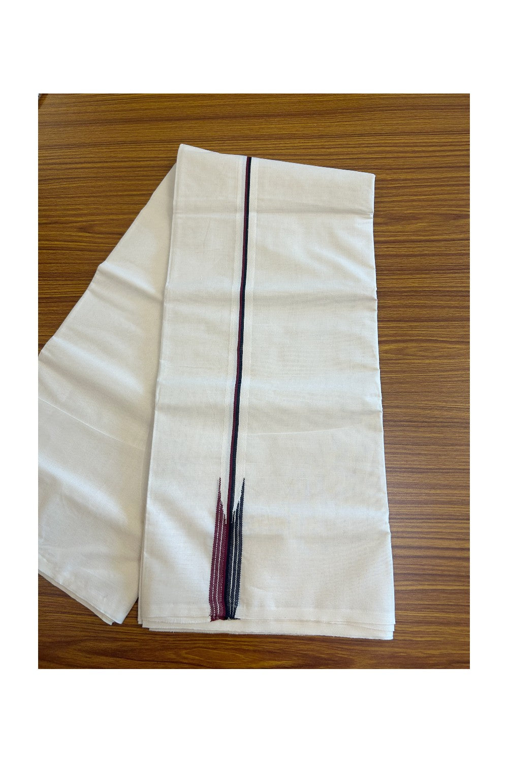 DMK VESHTI SHORT DHOTHI - DMK Veshti - 19% DISCOUNT! KaithariKada Balaramapuram 100% Cotton Double Off white - (Unbleached) Mundu/Dhoti-100x100 - 1.25 inch &  46 inches Height Puliyilakkara MAROON & BLACK Striped Chutty Kara- 15KK5101ASH