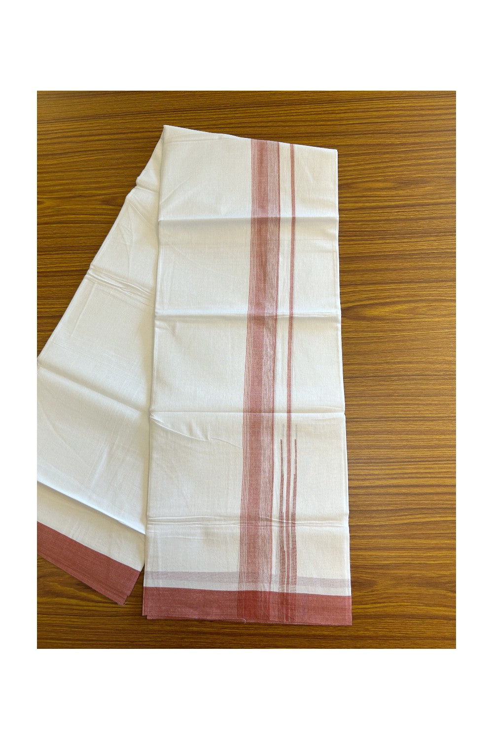 25% DISCOUNT!!! KaithariKada Balaramapuram 100% Cotton Double PURE white Mundu/Dhoti - 80X80 - 1.25 Inch Dark Peach & White shades Chutty kara - 15KK5108GAN