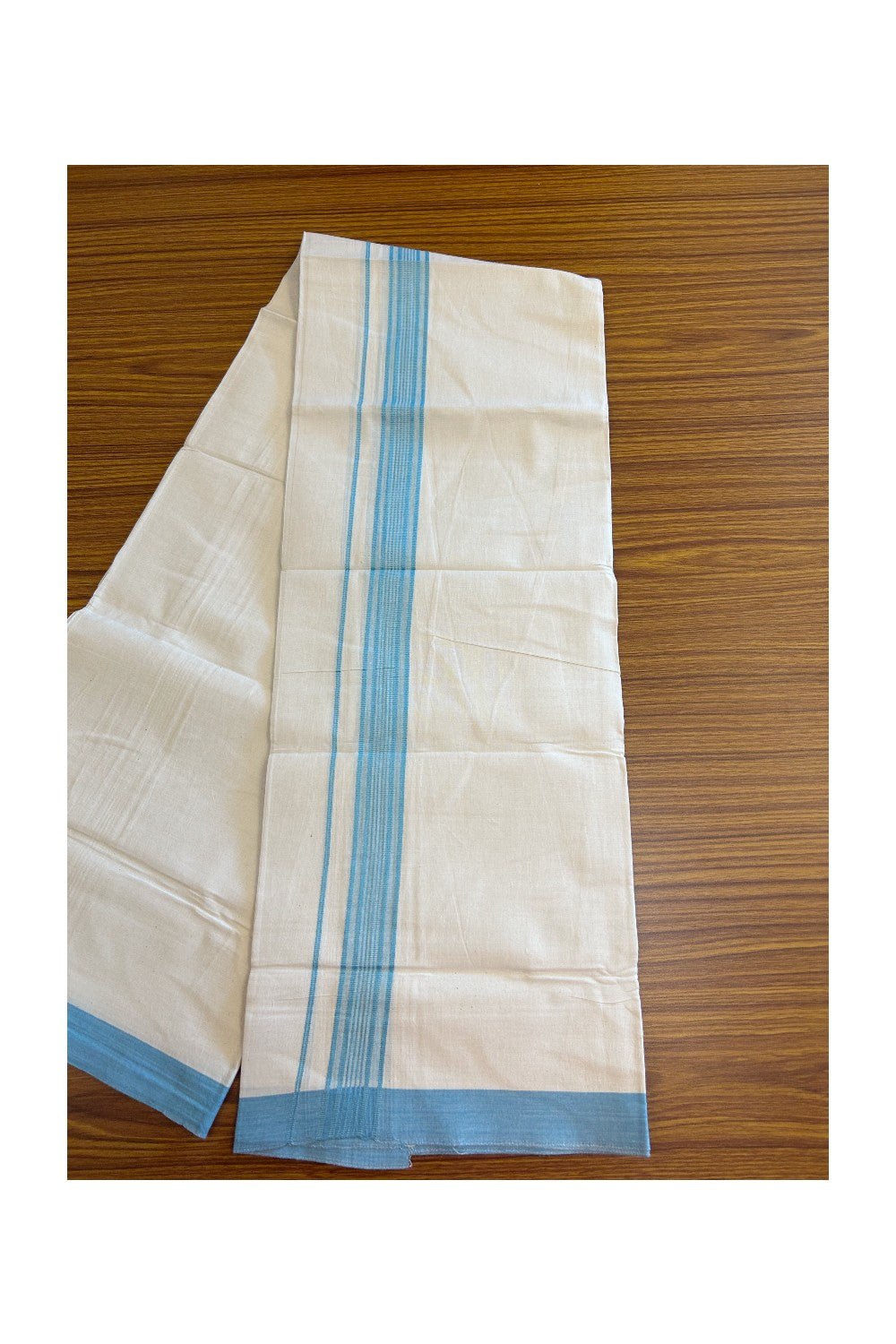 8% Discount ! Kaitharikada Balaramapuram 100% Cotton OFF WHITE SINGLE Mundu/Dothi (40s) - 2 inch Turquoise blue & White shaded Stripes Kara (2 meter / 4 muzham) - 15KK5114THI