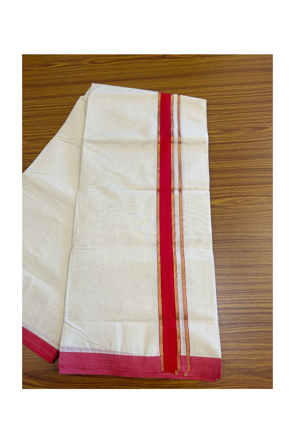 19% Discount !! KaithariKada - 100% PURE Cotton OFF White Double - (Unbleached) Mundu/Dothi -100x100 - 2 inch Red & Kasavu Striped Kara 4.50 Meters - 15KK5133ASH