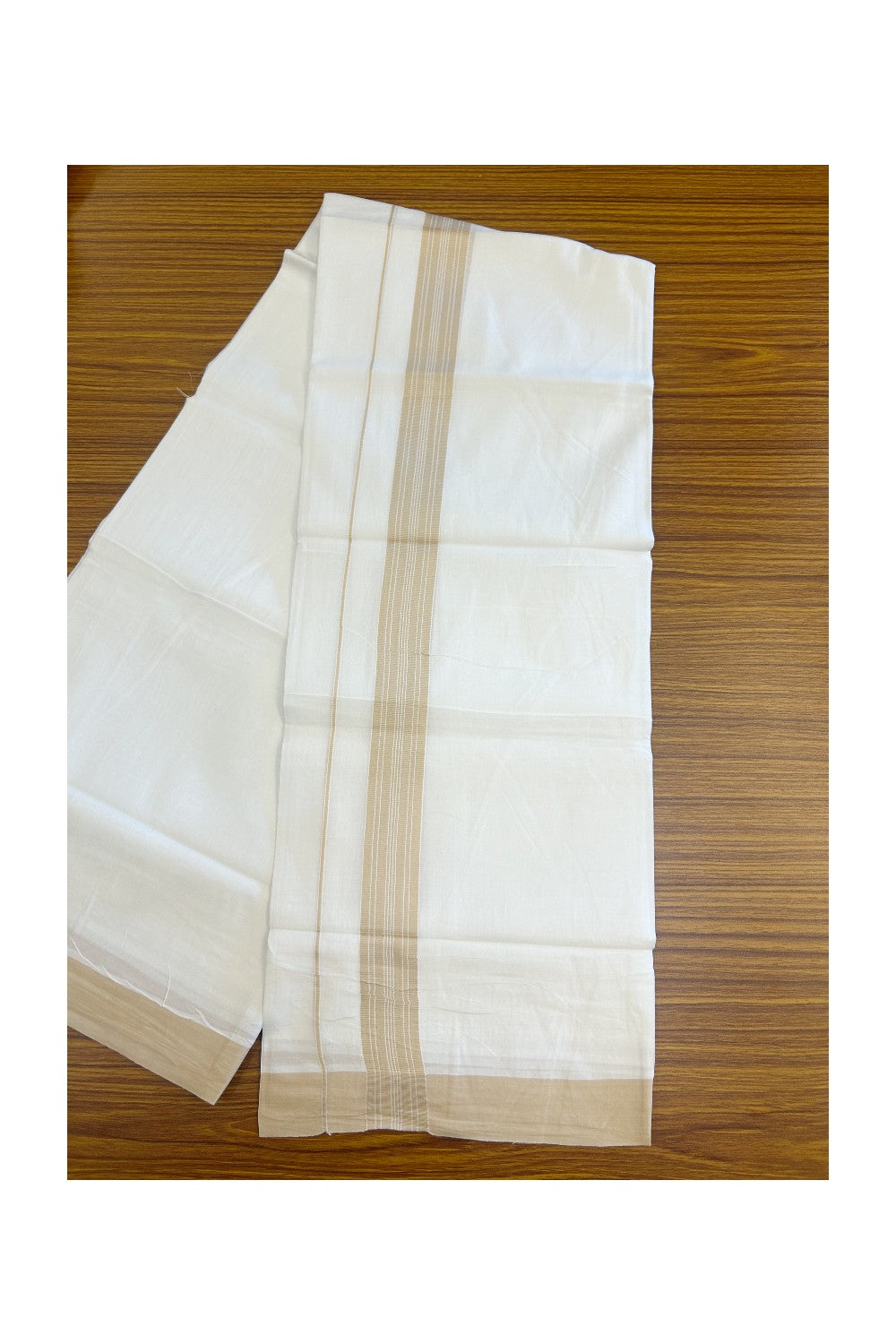 20% DISCOUNT! KaithariKada Balaramapuram 100% Cotton Double PURE white Mundu/Dhoti - 100x80 - 1.25 Inch Sand Brown Center Striped Kara - 15KK5135GAN