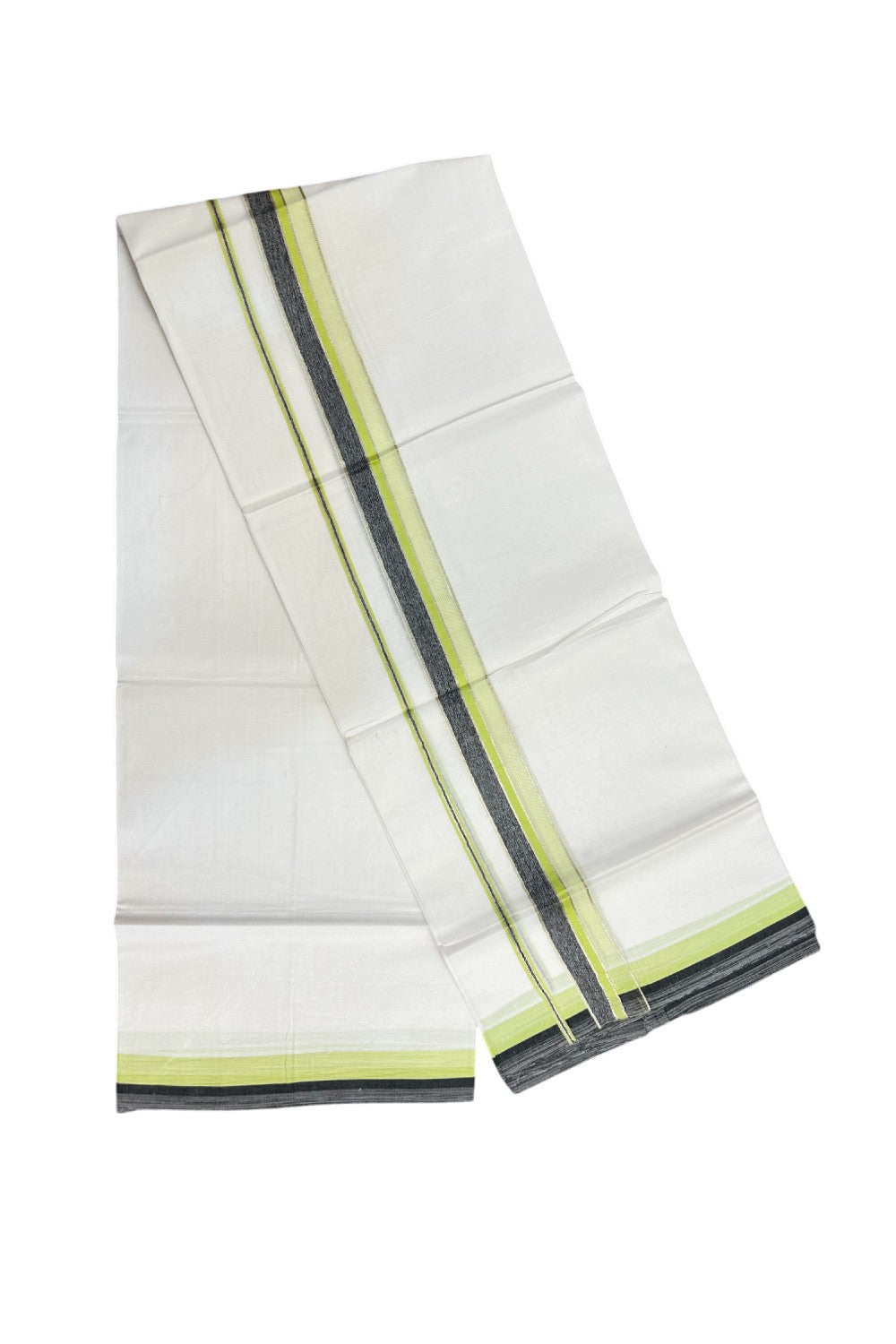 19% Discount !! KaithariKada Balaramapuram Double PURE WHITE Mundu/Dhoti- 100x80 - 1.5 inch Fluorescent Green Black Kara Silver Striped kara - 15KK5143PMC