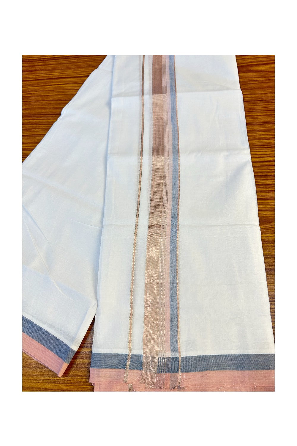 21% DISCOUNT!! Kaitharikada Balaramapuram 100% Cotton Ultra WHITE Double Mundu/Dothi-100x80   2.25 Inch PEACH & BLUE SILVER striped Cotton Kara -15KK63VAS