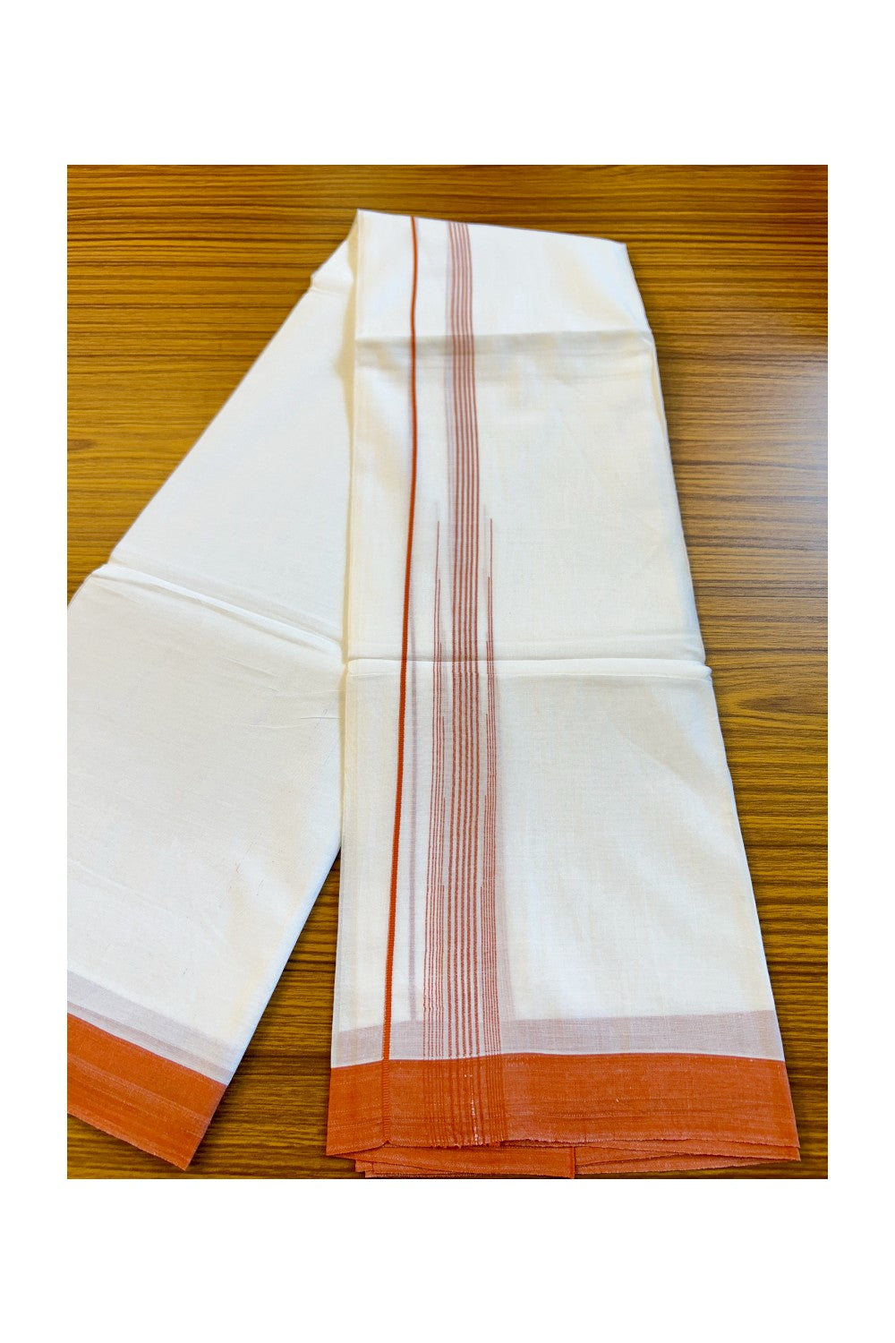 22% DISCOUNT!! Kaitharikada Balaramapuram 100% Cotton Ultra WHITE Double Mundu/Dothi-100x100  2 Inch ORANGE Striped Cotton Kara 3.80m- 15KK74RAM