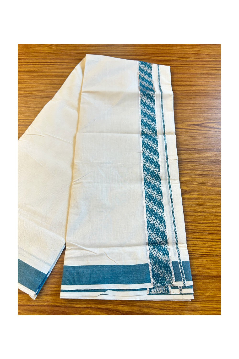 21% DISCOUNT ! KaithariKada Balaramapuram 100%  Cotton off white  (Unbleached) Double  Mundu/Dhoti - 100X100 Silver kasavu  green designer kara - 15KK78PMC