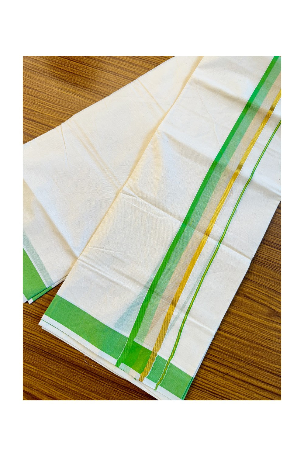 16% DISCOUNT!!! KaithariKada Balaramapuram 100%  Cotton off white - (Unbleached) Double  Mundu/Dhoti - 100X100  parrot green & kasavu  shaded kara - 15KK82VIN