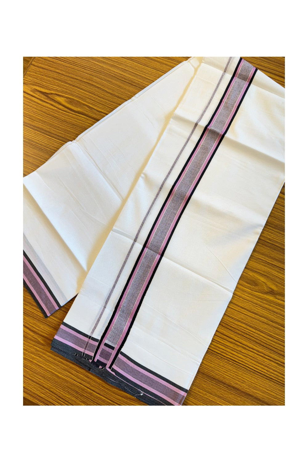 19% DISCOUNT!!! KaithariKada Balaramapuram 100% Cotton Double PURE white Mundu/Dhoti-100x100   2.25 Inch Silver kasavu pink & black shaded  kara  - 15KK83VIN