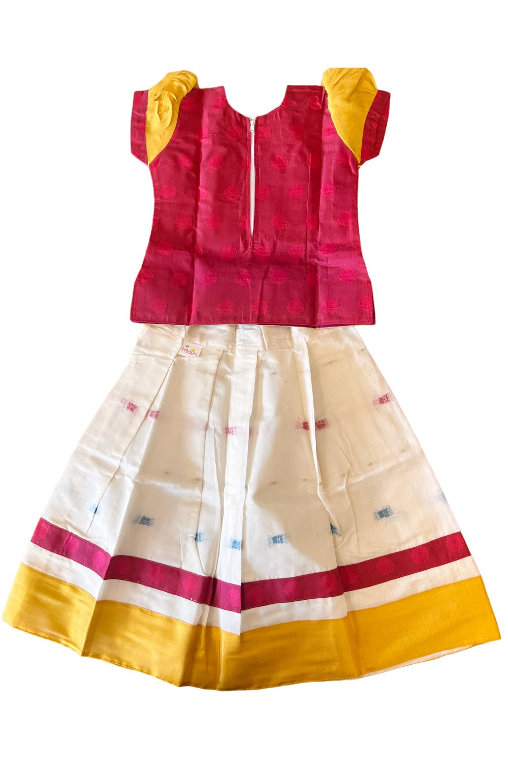 Midukki-Traditional South Indian Kids Pattu Pavada- Dark pink top with emboss work offwhite skirt with kasavu- Age 5 - KK5MID0015