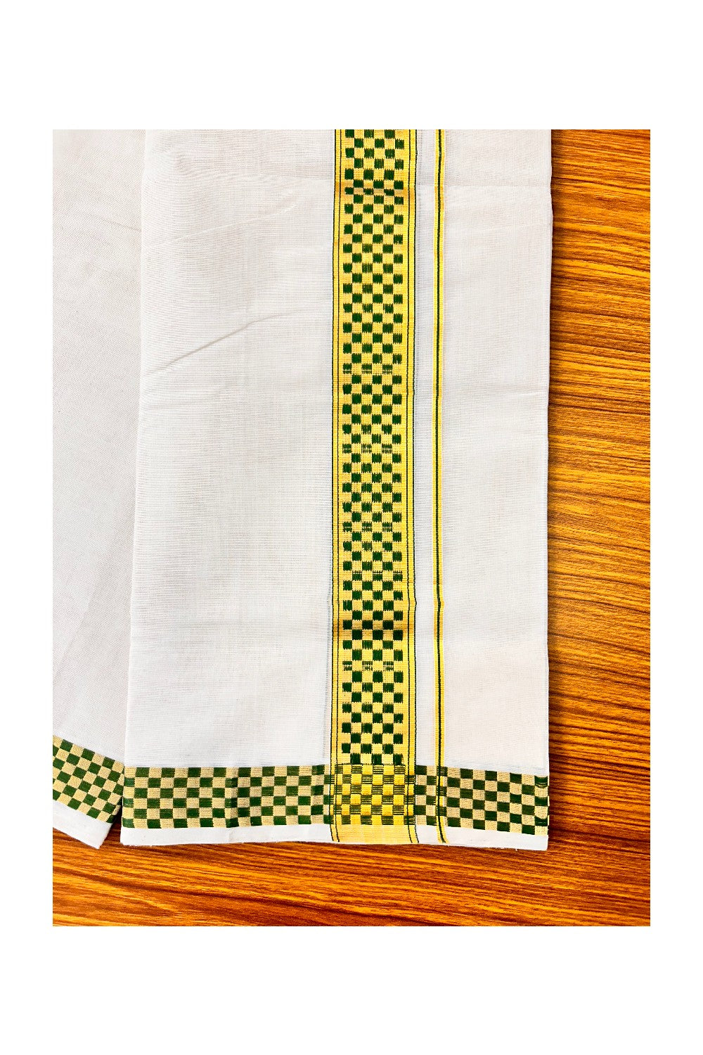 18 % DISCOUNT ! KaithariKada HANDLOOM Unakkupaav Balaramapuram - 100% PURE Cotton 4.58 Meter Off White Double Mundu/Dhoti - Green Check & KASAVU DESIGN 2.5 Inch  KARA- ABH15