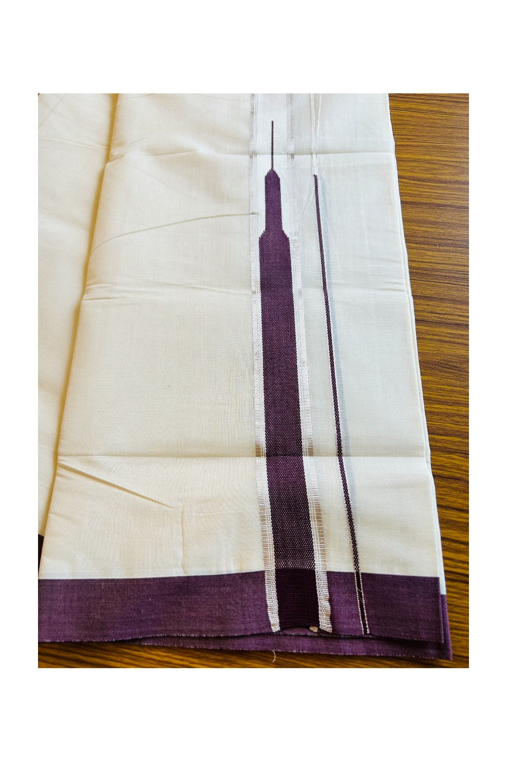 18% Discount !!KaithariKada Balaramapuram 100% Cotton Double - (Unbleached) Mundu/Dhoti - 100x100 1.5 inch Heavy Chutty Silver Kasavu & Dark Purple kara - 15KK401VIN